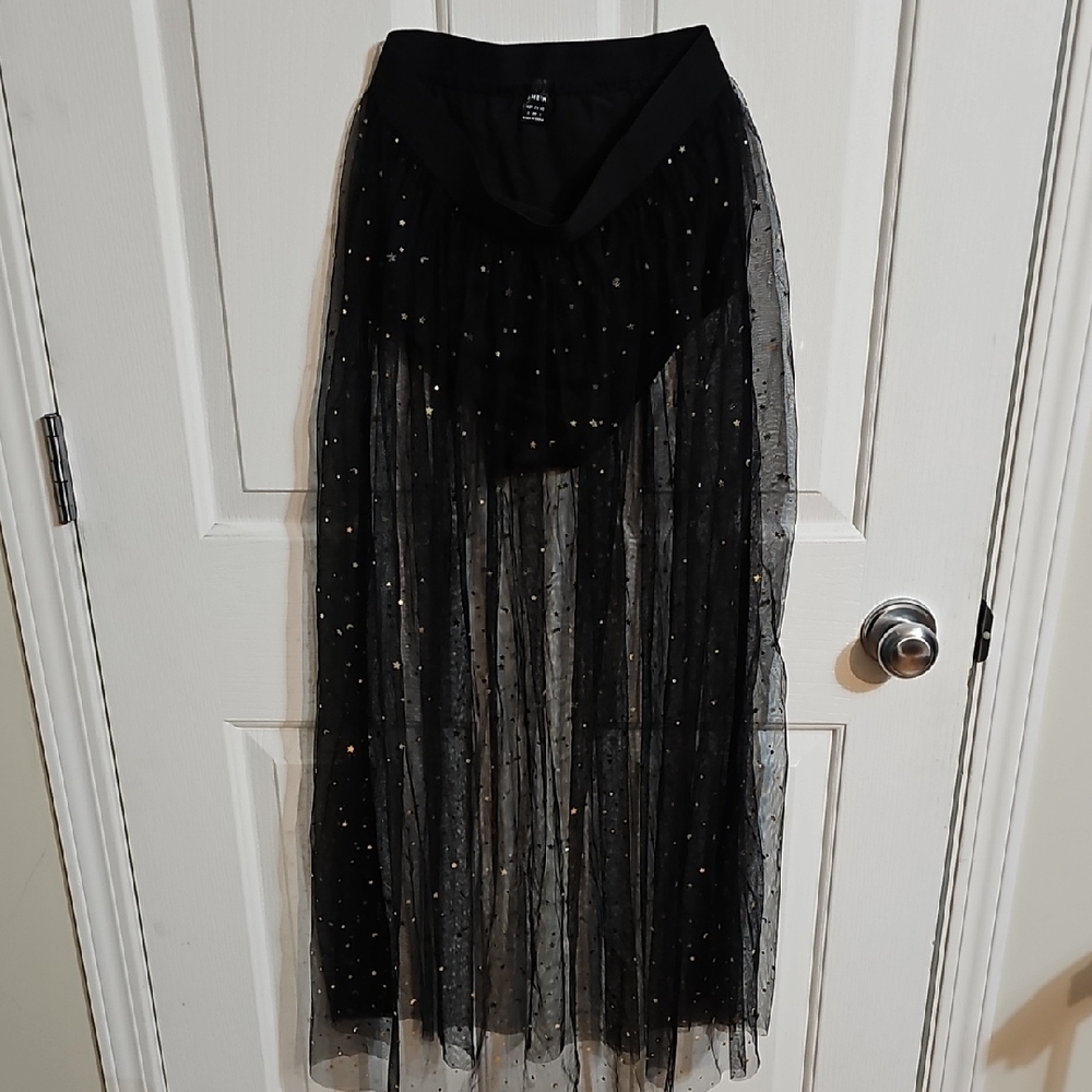 SHEIN Black Sheer Rave Maxi Skirt with Gold Accents
